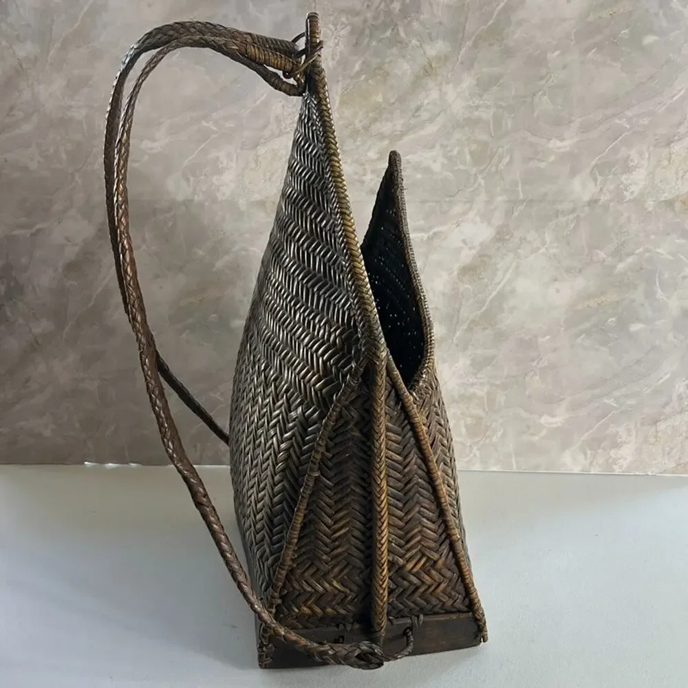 Vintage Ifugao Natural Carved Woven Wicker Basket Backpack From the Philippines